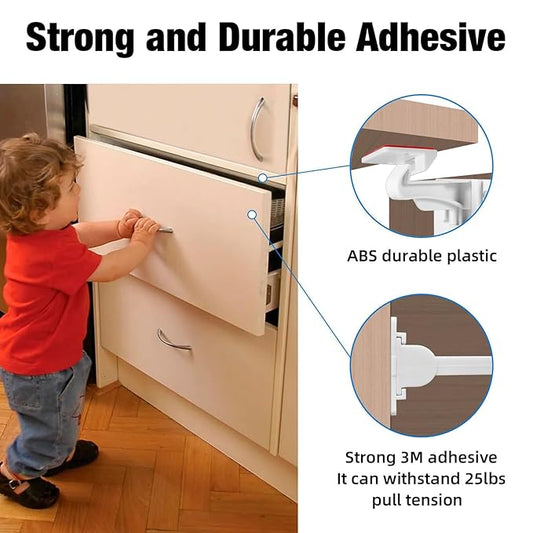 2 Pack Upgraded Invisible Baby Proofing Cabinet Latch Locks – No Drilling or Tools Required, Strong Adhesive, Works with Countertop Overhangs, Secure Child Safety Locks for Cabinets & Drawers