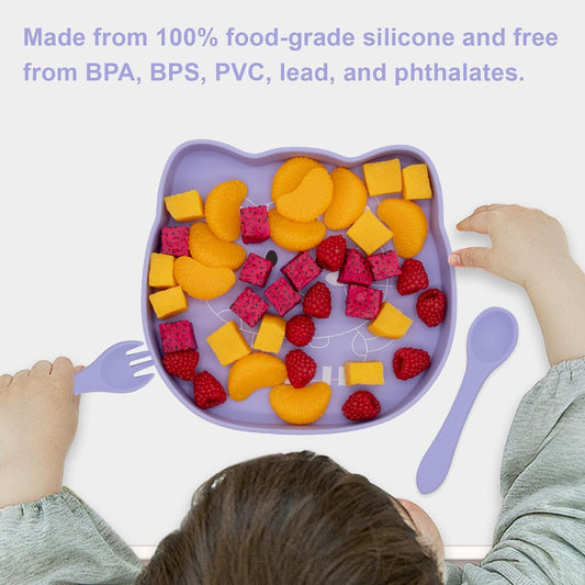 BabyX Baby Silicone Feeder Set, 3-pcs Butterfly-themed Baby Bowl with Suction, Spoon and Fork for Babies Toddler Kids, BPA-Free, Baby Utensils Feeding Supplies, Microwave and Dishwasher Safe