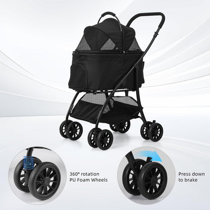 Pet Stroller Quickly Folds for Easy Storage Cat Stroller with Detachable Carrier Thickened Oxford Cloth Breathable Basket Dog Strollers for Small Dogs (Black)