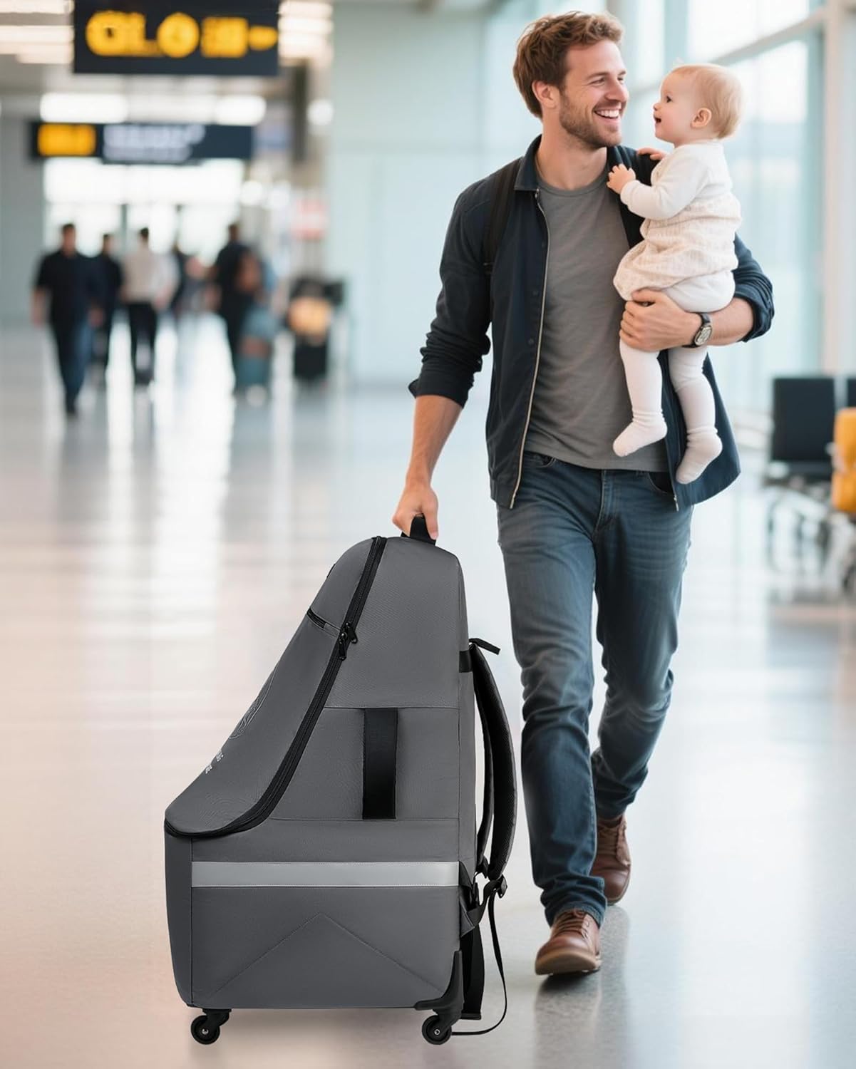 MCBD Car Seat Travel Bag for Airplane, Foldable Baby Carseat Backpack for Travel Padded Carseat Carrier for Airport Gate Check, Infant Stroller Cover with Reflective Strips