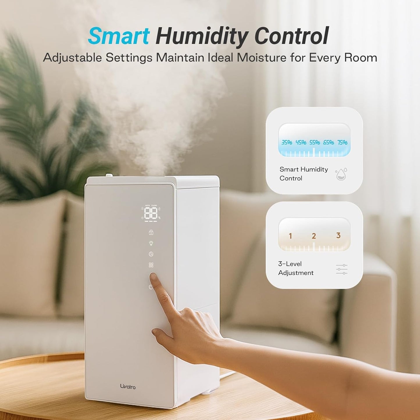 Livatro Stainless Steel Humidifier, 3L Warm Mist Humidifier, Easy Clean with Warm Steam Humidifier, Healthy Air Mist Humidifiers for Bedroom Living Room, with Sleep Mode and Auto-off Setting
