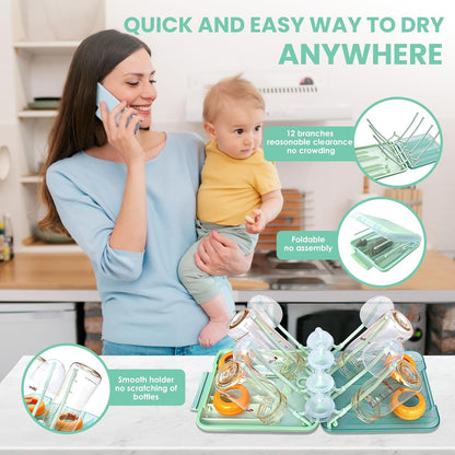 Rrwin Bottle Brush Cleaner Kit with Baby Bottle Drying Rack, Exendable Silicone Bottle Brush, Nipple Brush, Straw Brush, Soap Dispenser & Storage Box. Compact Size for Babies and Moms,Green
