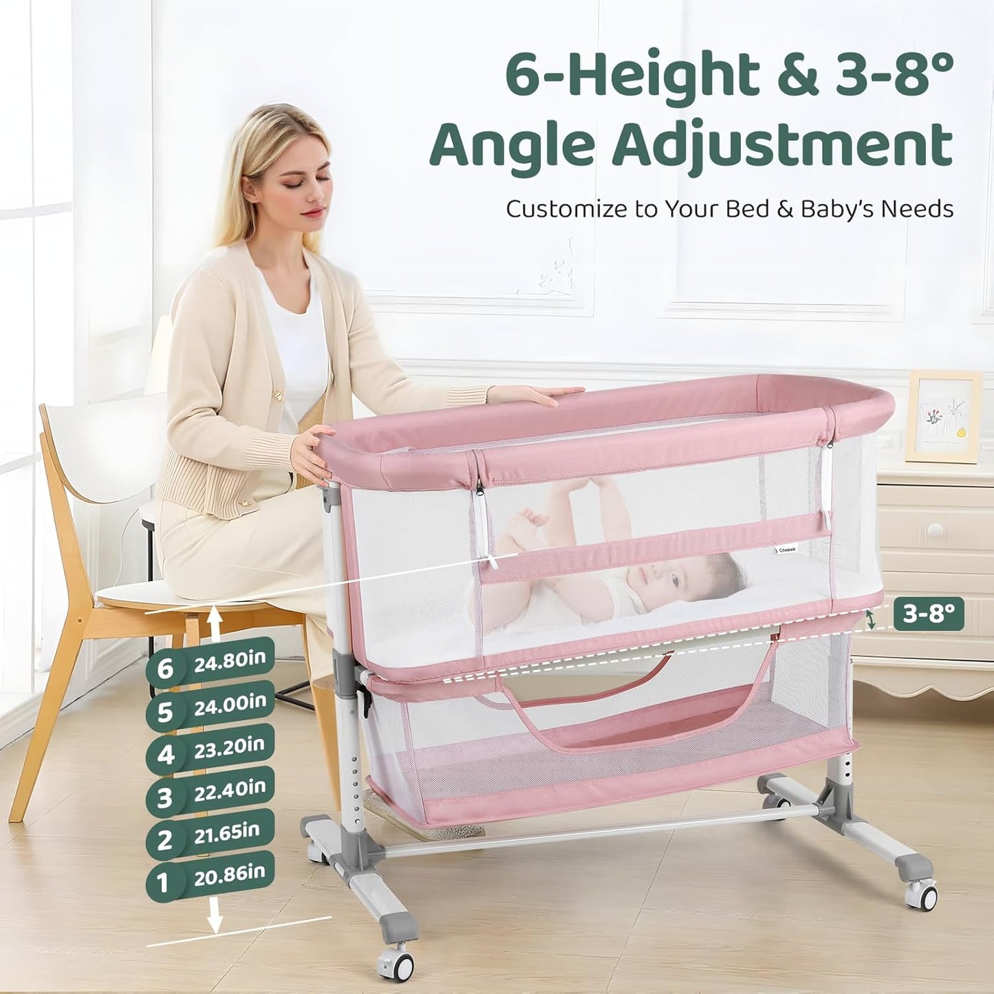 Cowiewie Bassinet Bedside Sleeper, Portable, Breathable, Adjustable Baby Bedside Bassinet for Peaceful Nights, Light Grey
