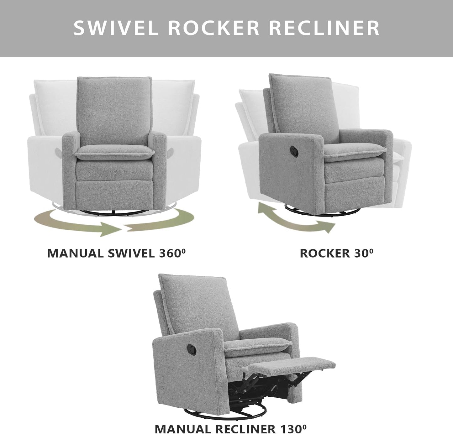 Oxford Baby Uptown Upholstered Glider Recliner Rocking Chair 360° Swivel for Nursery and Living Room - Boucle White