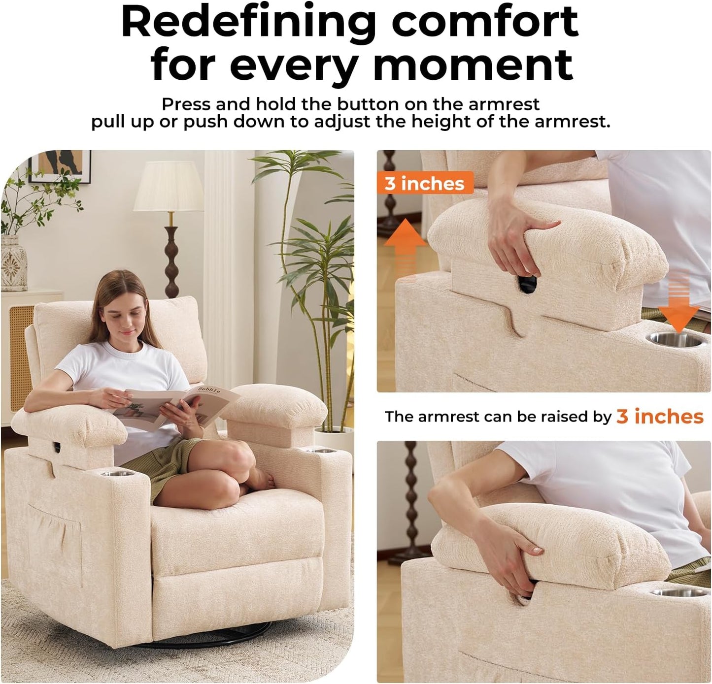 Rocking Chair Nursery with Adjustable Armrests, Electric Glider Recliner Nursing Chair for Breastfeeding, Power Swivel Recliner Chairs with Massage and Heat, Adjustable Headrest , FSC Certified, White