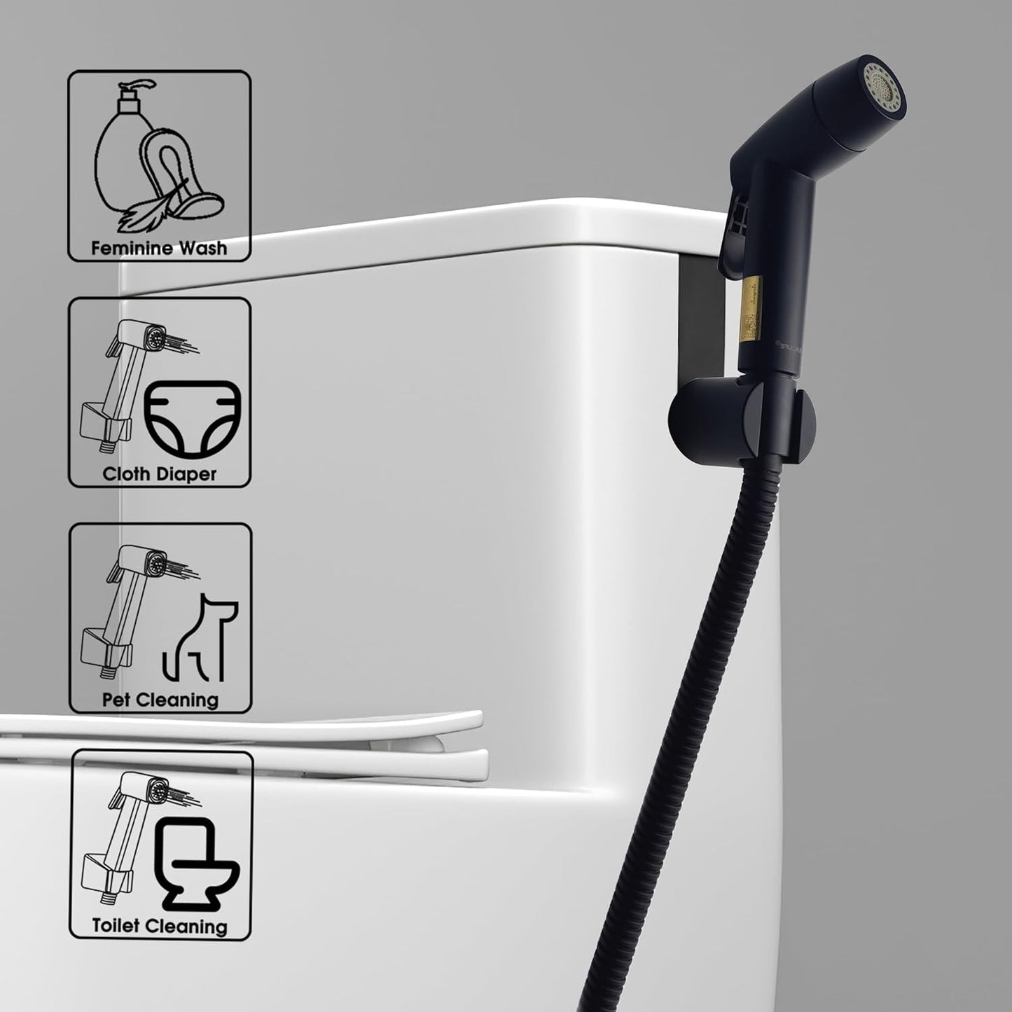 Handheld Bidet Sprayer for Toilet, Dual Spray Modes with Lockable Push Button, High Pressure Bathroom Sprayer, No-Drill Toilet Tank Mount, Stainless Steel Hose Set, Black Finish