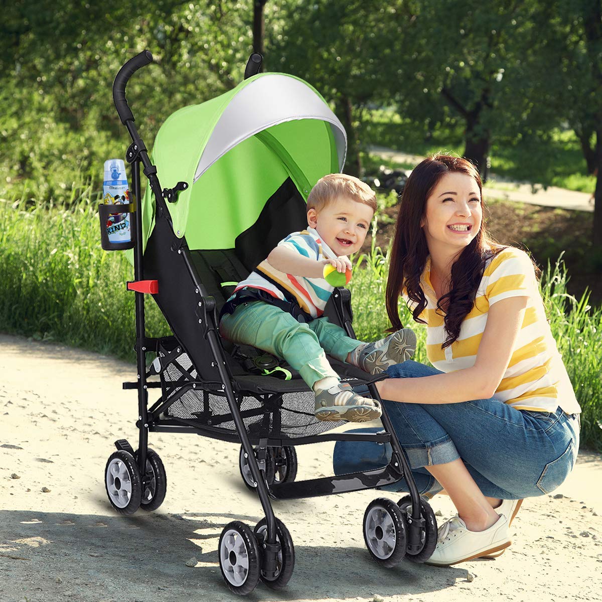 BABY JOY Lightweight Stroller, Compact Travel Stroller, Infant Stroller w/Adjustable Backrest & Canopy, Cup Holder, Storage Basket, 5-Point Harness, Easy Fold, Umbrella Stroller for Toddler, Black