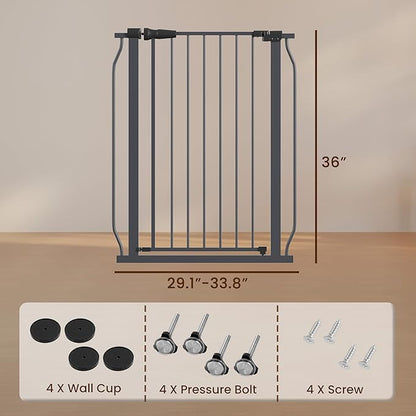 ELEVON Baby Gate for Stairs Doorways, 29.1–33.8" Extra Wide 36” Tall Dog Gate with Auto-Close, Pressure Mounted Walk Through Pet Gate, Graphite