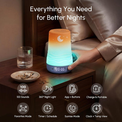 Mewaii White Noise Sound Machine Baby & Adult, 100 Soothing Sounds, AI Cry Detection, App Control, 360° RGB Night Light, Sleep Routine Builder, Alarm Clock for Home Nursery Travel Baby Essentials Gift