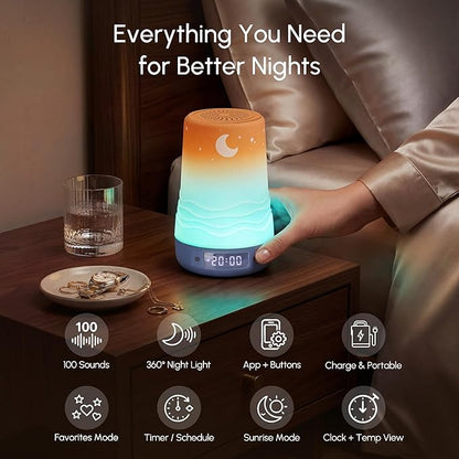 Mewaii White Noise Sound Machine Baby & Adult, 100 Soothing Sounds, AI Cry Detection, App Control, 360° RGB Night Light, Sleep Routine Builder, Alarm Clock for Home Nursery Travel Baby Essentials Gift