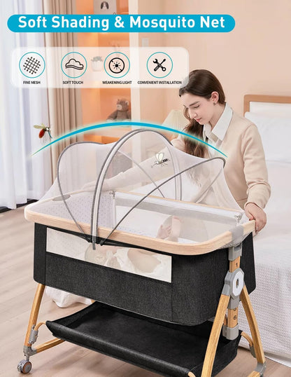 Baby Bassinet, Bedside Bassinet for Baby, 4 in 1 Portable Bassinet Bedside Sleeper with Wheels Mosquito Net & Storage Basket, 6 Height Adjustable Rocking Bassinet for Newborn Baby