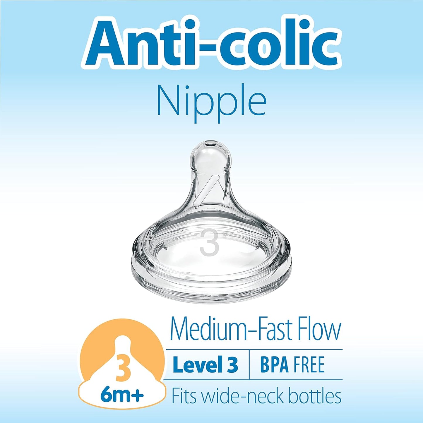 Dr. Brown’s Natural Flow® Level 2 Wide-Neck Baby Bottle Silicone Nipple, Medium Flow, 3m+, 100% Silicone Bottle Nipple, 6 Pack