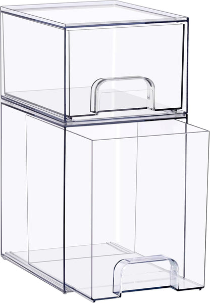 Sorbus Stackable Acrylic Storage Drawers – 2 Small + 2 Tall + 1 Wide – 5 Pack Clear Plastic Organizer Bins for Baby Bottles, Makeup, Bathroom & Vanity, Pull-Out Drawer Design for Kitchen Cabinets