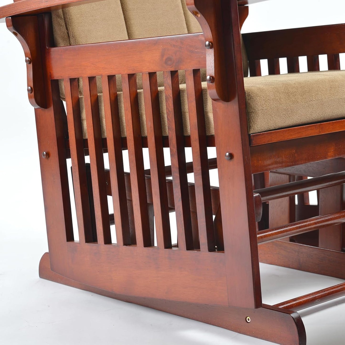 Rustic Rubber Wood Glider and Ottoman Set, Nursery Glider Chair for Breastfeeding and Relaxing, Comfortable Rocking Chair for Living Room and Bedroom（Tan）