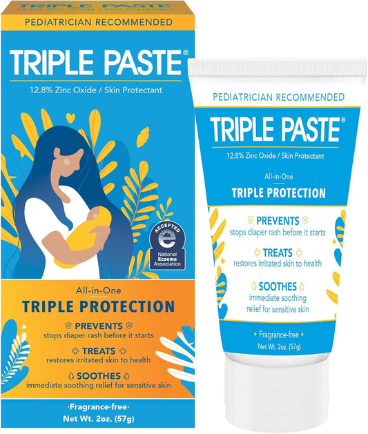 Triple Paste Diaper Rash Cream for Baby - 3 oz Tube – Zinc Oxide Ointment Treats, Soothes & Prevents Diaper Rash, Pediatrician-Recommended Hypoallergenic Formula, Baby Essentials for Daily & Overnight