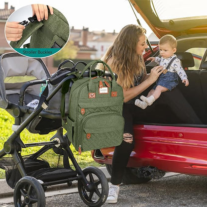 LANDICI Diaper Bag Backpack, Multifunction Baby Diaper Bags with Changing Pad, Stroller Straps & Pacifier Case, Travel Essentials Back Pack for Mom Dad Boy Girl, Large Capacity, Waterproof, Army Green