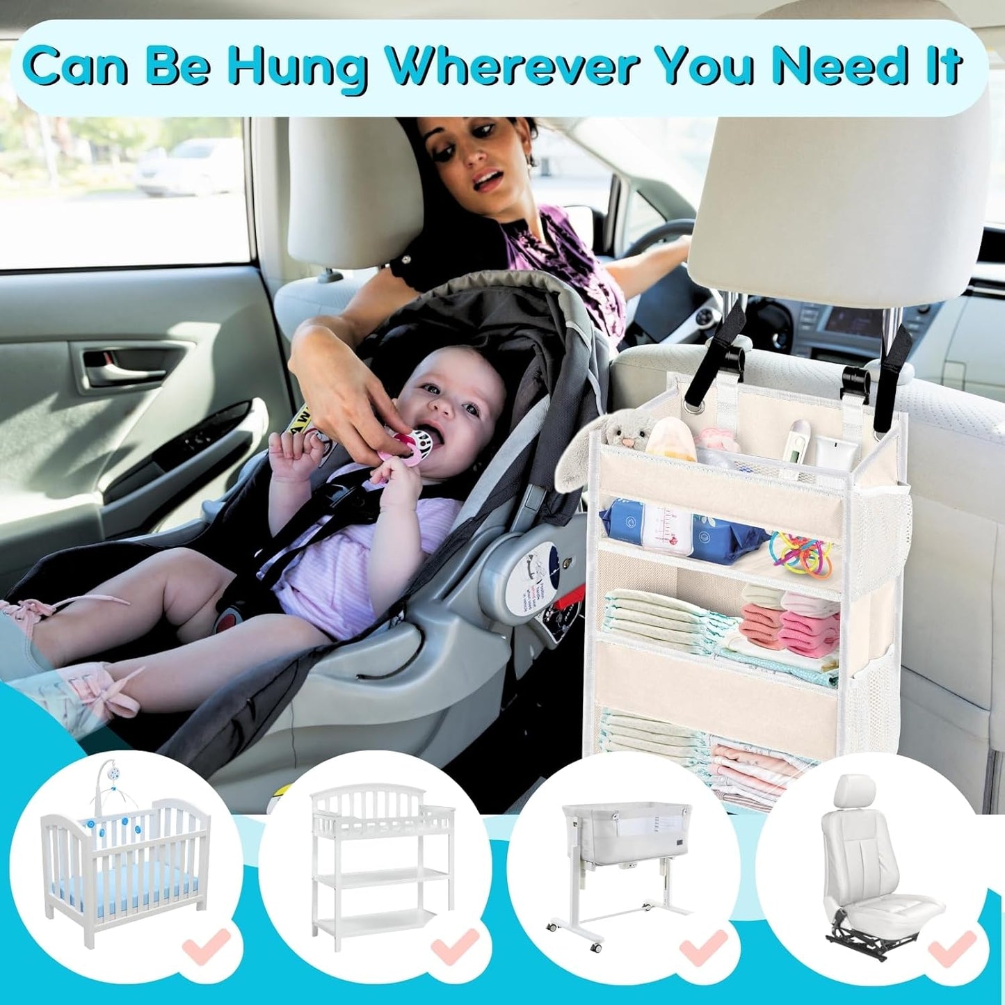 Ofiray-home Hanging Diaper Organizer for Changing Table,Cribs,Car,Playard or Wall & Nursery Organization-Durable 2-Tier Diaper Organizer with Mesh Pockets and Viewable Design, Won't Deform, Light Gray