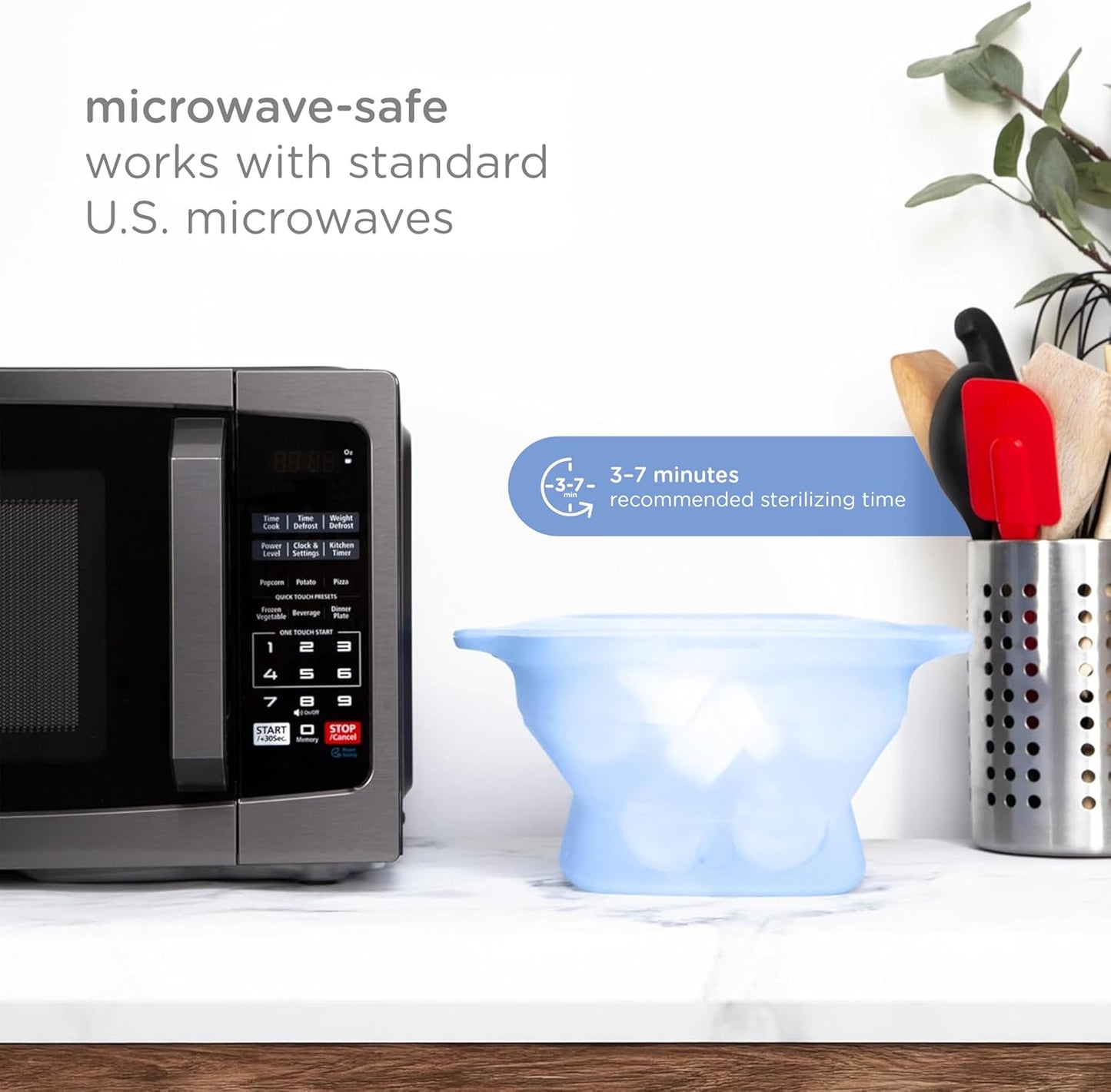 Ubbi 3-in-1 Collapsible Microwave Wash Bin, Baby Bottle Sterilizer & Veggie Steamer, Reusable Silicone Steam Bag for Travel or Home Use, Fits Up to 5 Baby Bottles, Dishwasher Safe, Blue