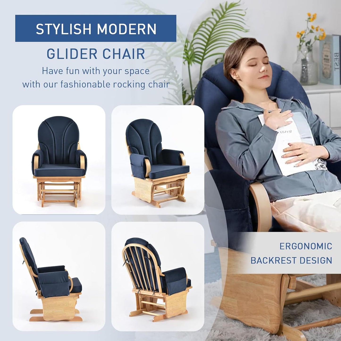 Rustic Rubber Wood Glider and Ottoman Set, Nursery Glider Chair for Breastfeeding and Relaxing, Comfortable Rocking Chair for Living Room and Bedroom（Tan）