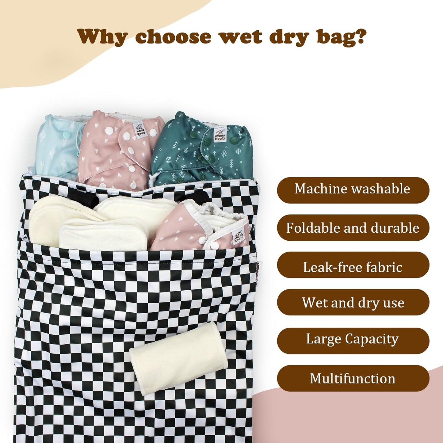 Mama Koala Reusable Hanging Wet Dry Bags for Baby Items, Cloth Diapers, Swimsuits, Travel, Gym Clothes, Beach, Pump Parts, Toiletries, Two Zippered Pockets, 2 Pack (W004L)