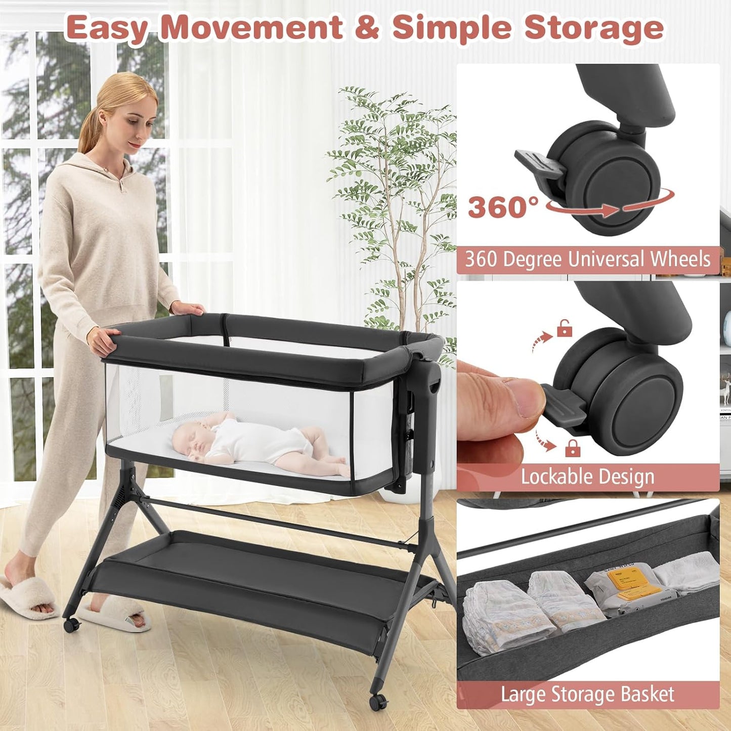 BABY JOY Bassinet Bedside Sleeper, Easy Folding Baby Crib w/All-Side Mesh, Storage Shelf, 7 Adjustable Heights, Mattress & Travel Bag for Safe Co-Sleeping, Portable Baby Bed for Newborn Infant -Gray