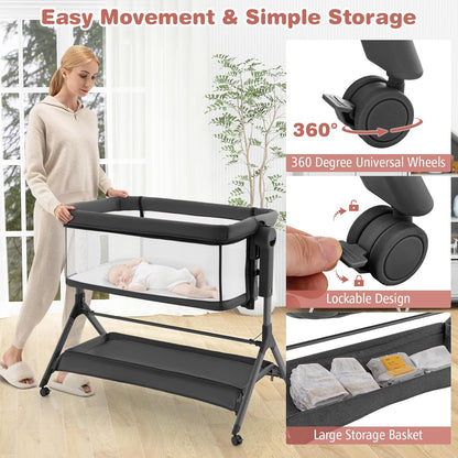 BABY JOY Bassinet Bedside Sleeper, Easy Folding Baby Crib w/All-Side Mesh, Storage Shelf, 7 Adjustable Heights, Mattress & Travel Bag for Safe Co-Sleeping, Portable Baby Bed for Newborn Infant -Gray
