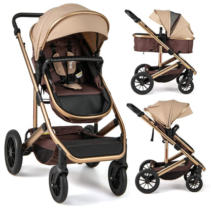 INFANS 2 in 1 Baby Stroller, Folding Newborn Pram Convertible Stroller Bassinet for Infant Foldable High Landscape Shock Absorption with Reversible Seat Aluminum Structure for Pushchair