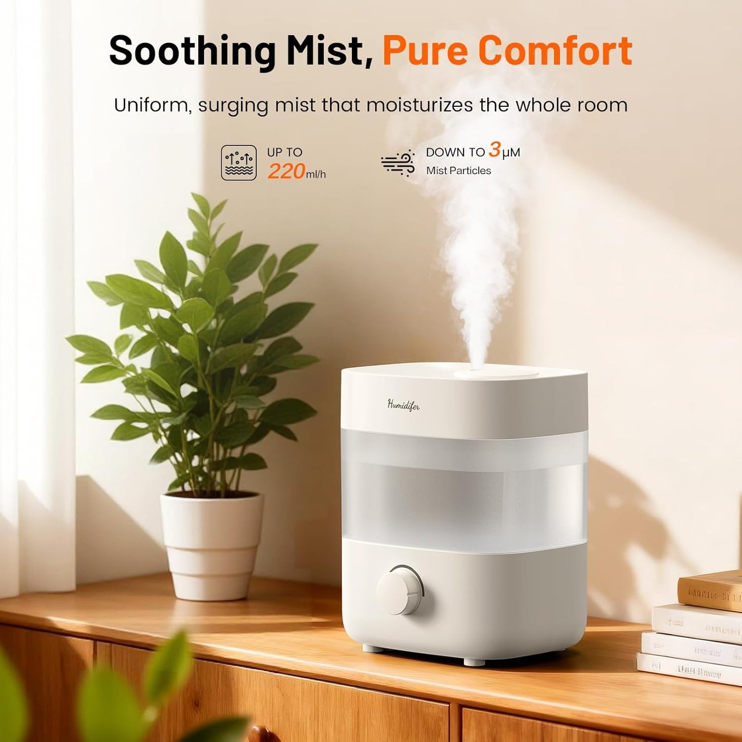Humidifiers for Bedroom, 2L Tank for 15H, 20dB Quiet Mist Time, Dual Nozzles, Auto Shut-Off, Rotate to Adjust Mist Intensity, Rapid Ultrasonic Humidification for Baby Nursery and Plant (White)