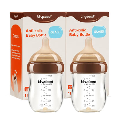 Thyseed Anti-Colic Glass Baby Bottle for Breastfed Infants, Natural Feeding, Breast-Like Newborn Extra Slow Flow Nipple (0m+), 5 oz, 2 Pack