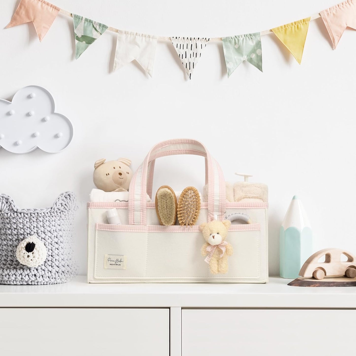 PeraBella Baby Diaper Caddy Organizer, Baby Basket Shower Gift Caddy, Portable Felt Changing Table Basket, Nursery Storage Bin, Newborn Boy and Girl Essentials for Registry, Car Diaper Organizer