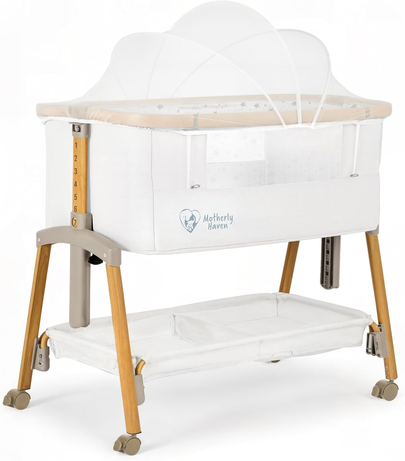 Motherly Haven Baby Bassinet Bedside Sleeper, Portable Crib for Newborns, Adjustable 7-Height Auto-Lock, with Wheels, Soft Mattress & Breathable Mesh (Light Grey)