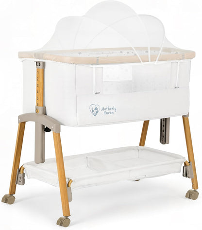 Motherly Haven Baby Bassinet Bedside Sleeper, Portable Crib for Newborns, Adjustable 7-Height Auto-Lock, with Wheels, Soft Mattress & Breathable Mesh (Light Grey)