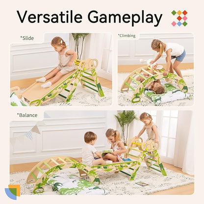 WINGYZ Pikler Triangle Set, Montessori Foldable 8-in-1 Jungle Gym with Reversible Animal Slide, Patent-Protected Climbing Set, Safe 2.35" Gap ASTM F963 Standards for Toddlers 18 Months-7 Years (Green)