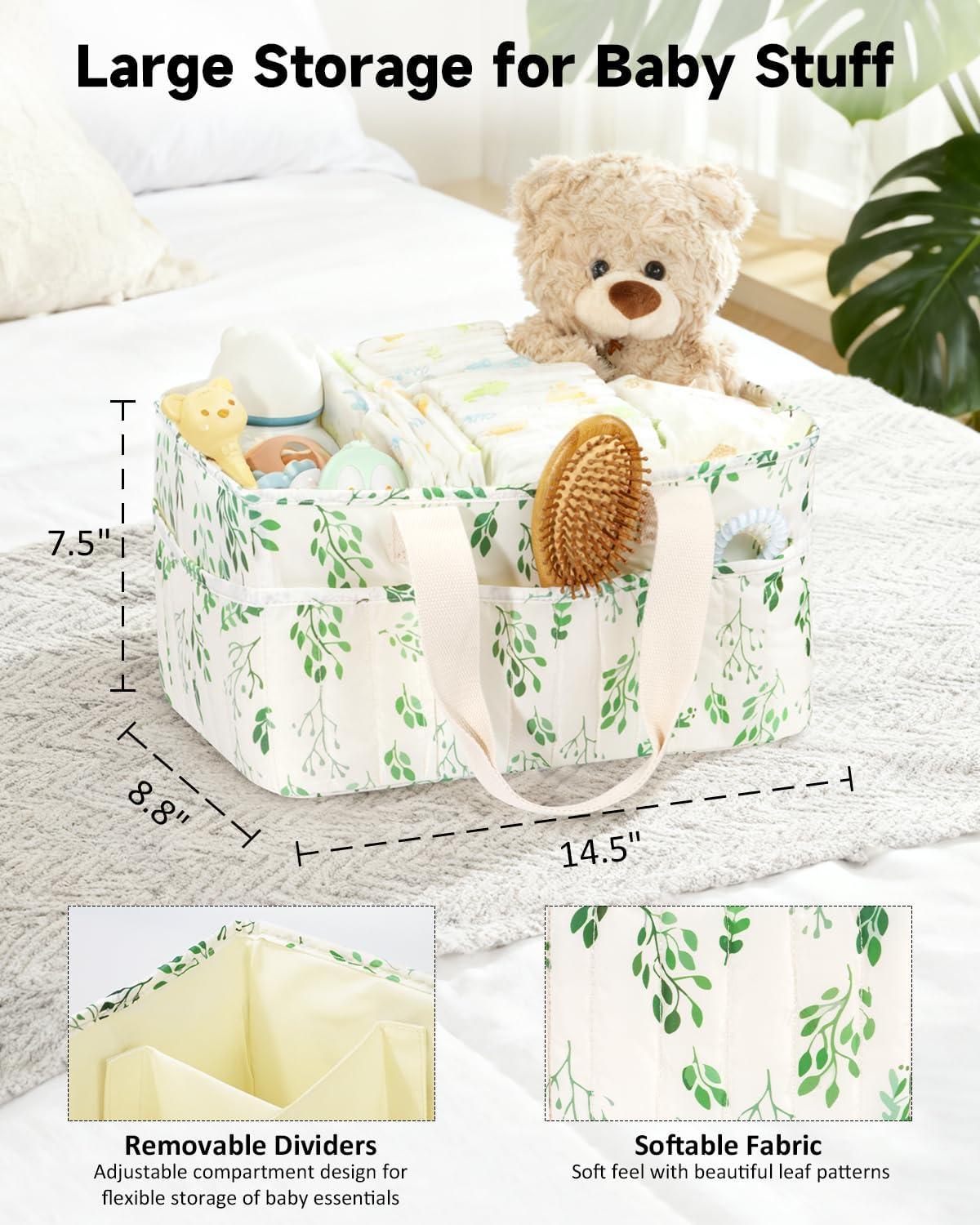 BuyCard Floral Baby Diaper Caddy Organizer, Large Quilted Nursery Storage Basket with Handle, Gift for Baby Shower, Newborn Parents Gift