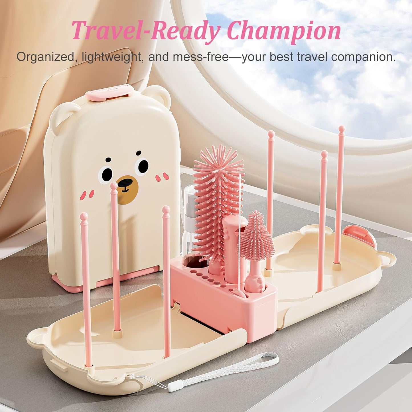 Pink Travel Baby Bottle Cleaner Kit – 6-in-1 Portable Brush Set with Drying Rack & Storage Case | Baby Travel Essentials for Flying, Newborn Bottle Cleaning & Breast Pump Parts On-The-Go