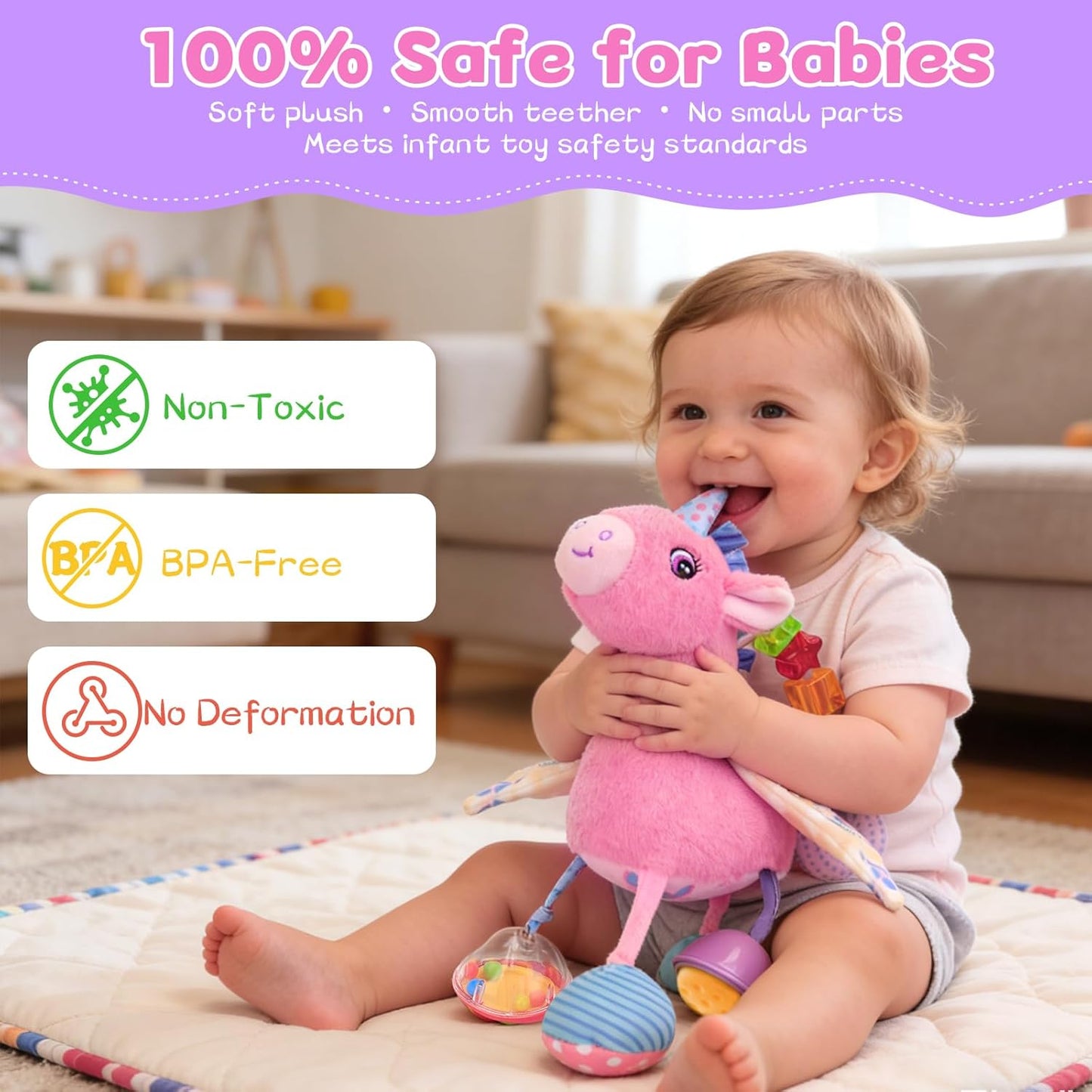 Car Seat & Stroller Toy for Girl - Musical Sensory Plush with Rattle & Mirror Baby Toys 0-12 Months Hanging Travel Carseat Toys Soft Squeaky Stuffed Animal Unicorn for Babies Gifts