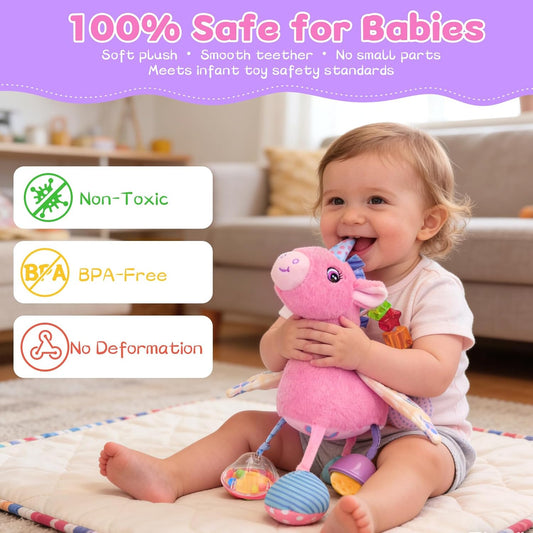 Car Seat & Stroller Toy for Girl - Musical Sensory Plush with Rattle & Mirror Baby Toys 0-12 Months Hanging Travel Carseat Toys Soft Squeaky Stuffed Animal Unicorn for Babies Gifts