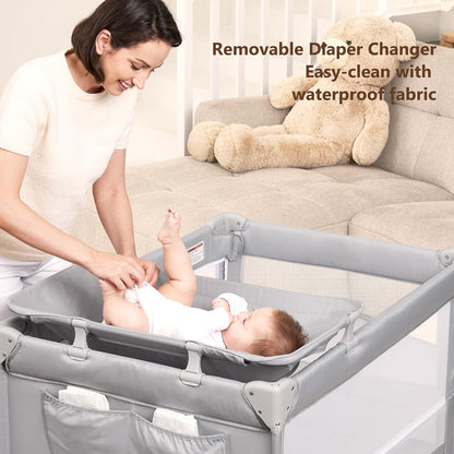 ANGELBLISS Baby Bassinet Bedside Crib, Pack and Play with Mattress, Diaper Changer, One-Push Setup Playards from Infants to Toddlers (Balck)