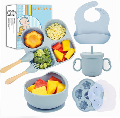 Silicone Baby Feeding Set, Baby Led Weaning Supplies, Baby Food Tableware Silicone Suction Plate, Bowl, Spoons, Fork, Waterproof Bib, Cup & Complementary Food Cake Mold, Baby Eating Utensils