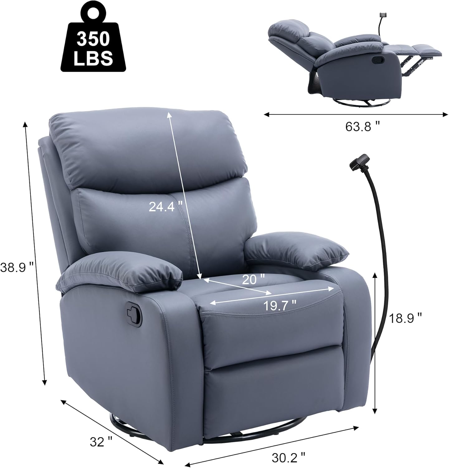 Oversized Swivel Rocking Chair, Manual Large Rocker Recliner Chairs for Adults, Corduroy Nursery Glider Barrel Chair with 2 Pillows, Wide Recliner for Living Room, Bedroom, Nursery, White