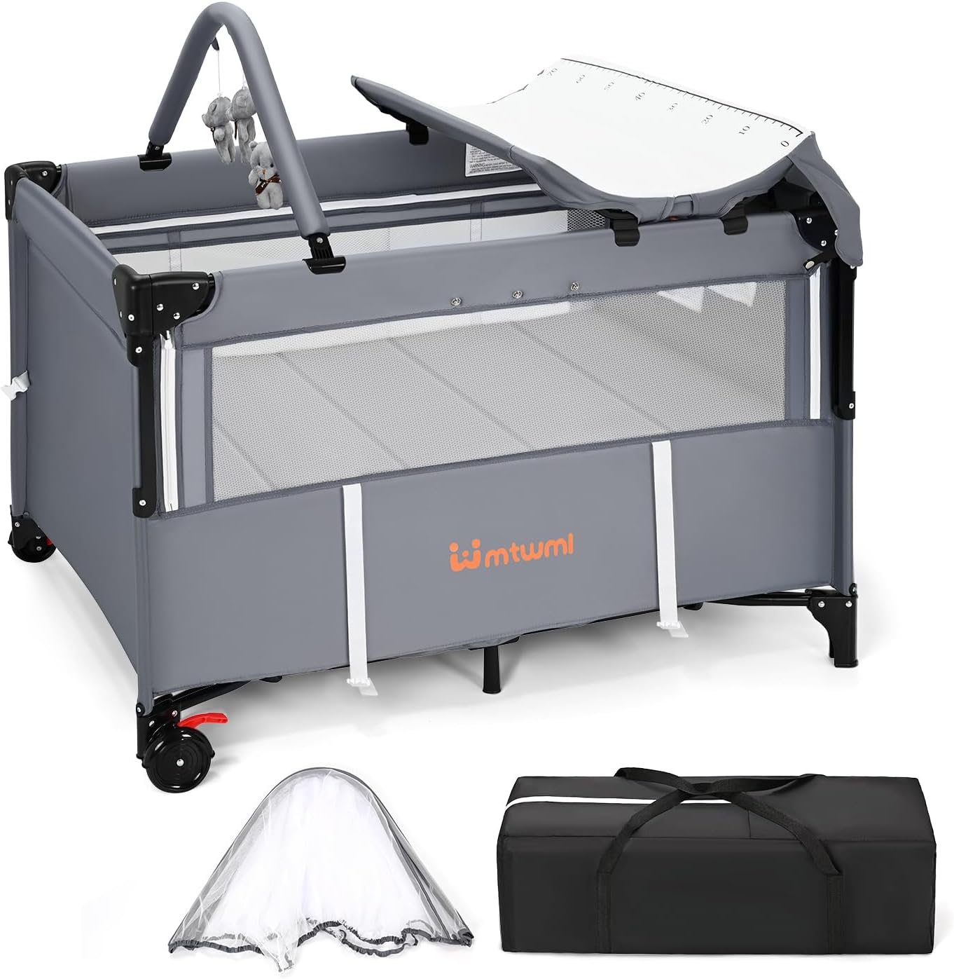 MTWML Portable Baby Bassinet,3 in1 Bedside Crib and Baby Playard & Changing Table with Wheel,1-Second Setup Foldable Playpen with Travel Bag Mosquito Net for Newborn Toddler (DeepGrey)