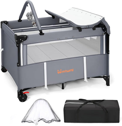 MTWML Portable Baby Bassinet,3 in1 Bedside Crib and Baby Playard & Changing Table with Wheel,1-Second Setup Foldable Playpen with Travel Bag Mosquito Net for Newborn Toddler (DeepGrey)