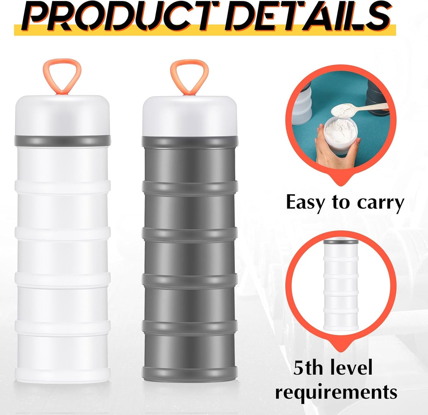 Baderke 4 Pcs Protein Powder Container 5 Layers Stackable Leakproof Container Powder Dispenser with Funnels Stand Keychain Flour Canister for Workout Fitness(Black, White, Blue, Pink)
