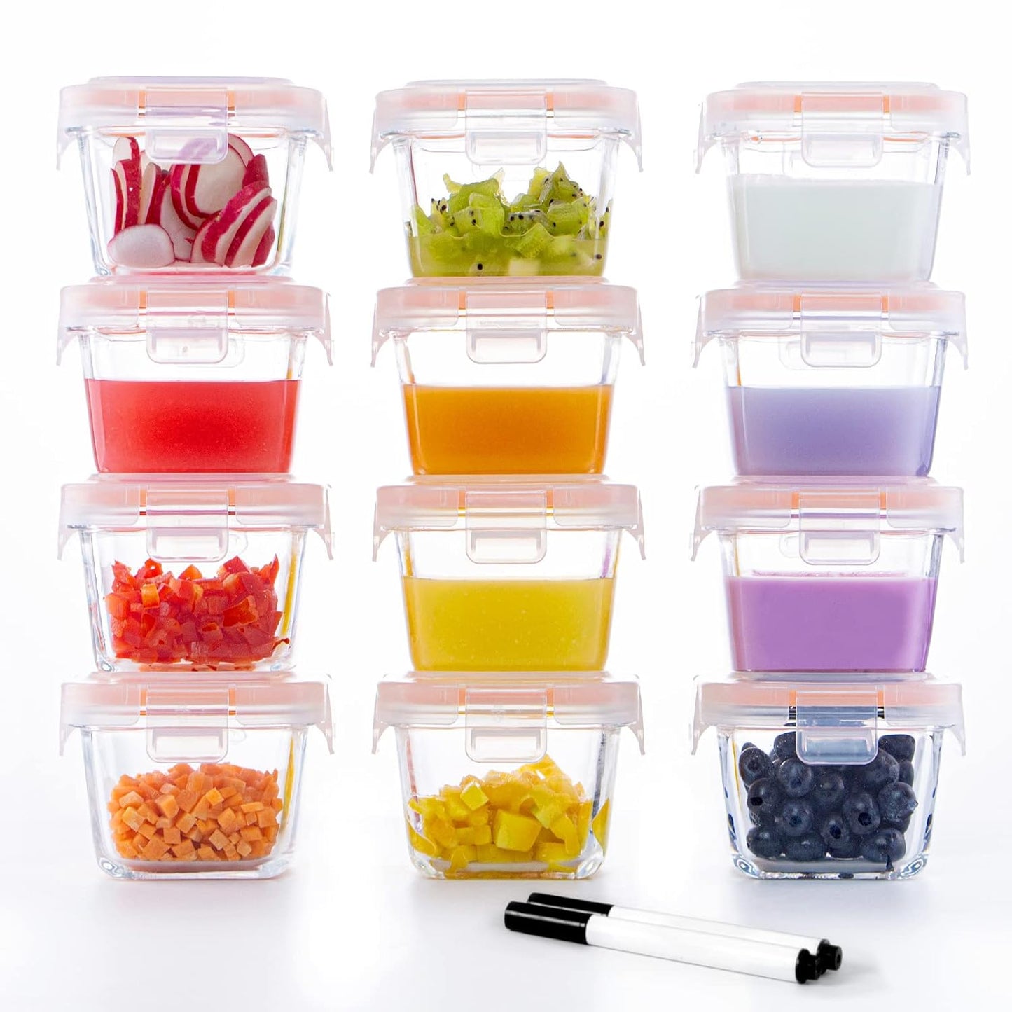 Luvan 7oz Glass Baby Food Containers, 12 Pack with Leakproof Lids, Stackable, Freezer Safe, Baby Bullet Containers for Fruit Purees and Vegetable Mashes