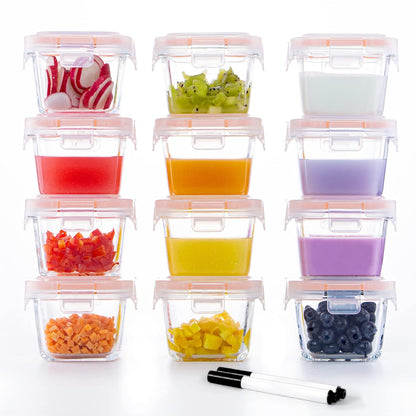 Luvan 7oz Glass Baby Food Containers, 12 Pack with Leakproof Lids, Stackable, Freezer Safe, Baby Bullet Containers for Fruit Purees and Vegetable Mashes