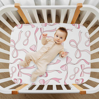 Fitted Crib Sheets Pink Checkered and Bows Stretchy Portable Playard Sheets for Baby Toddler, Breathable Soft Mini Crib Mattress 39 x 27 in for Boys and Girls