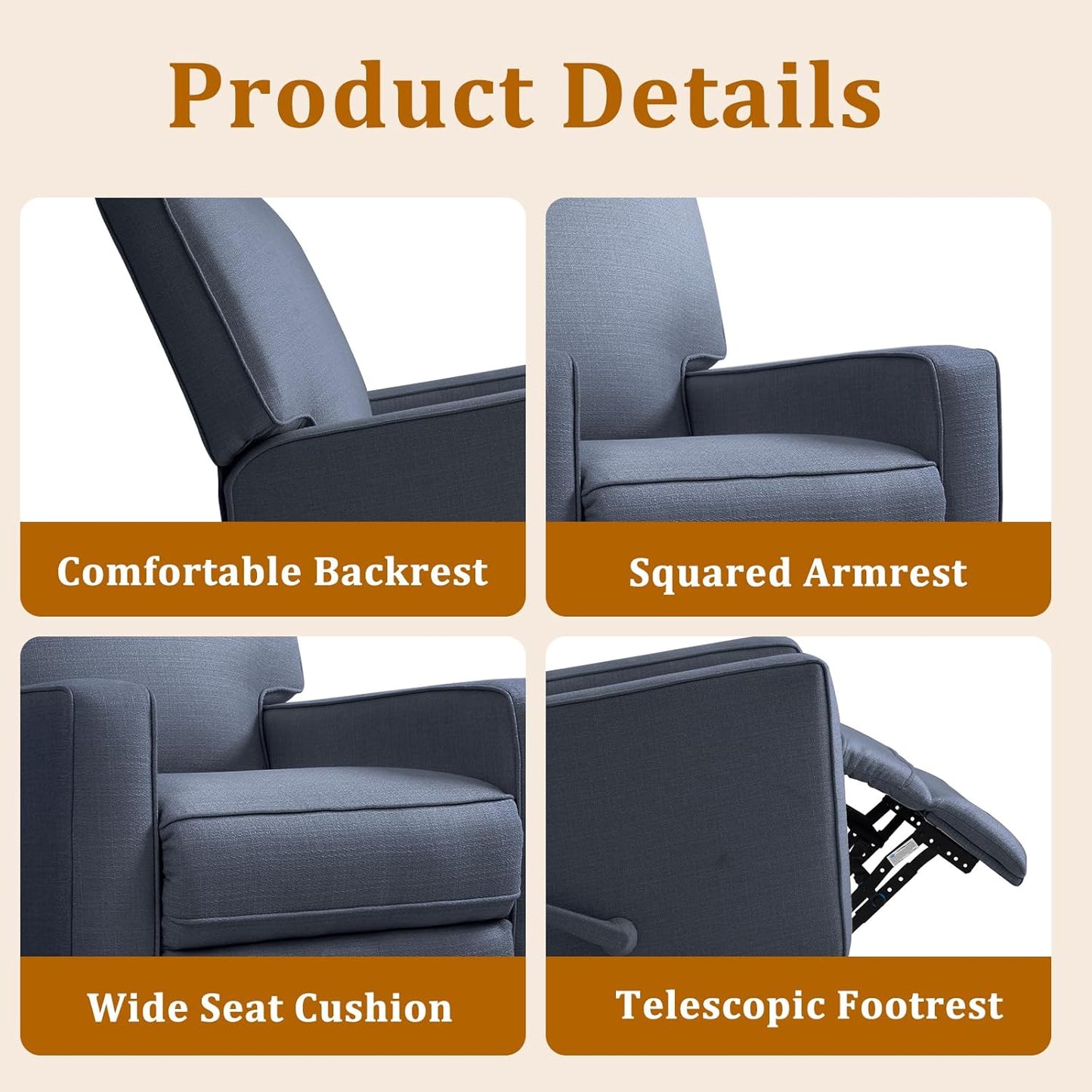 Swivel Rocker Recliner Chair for Adults, High Back Fabric Recliner with Deep Seat, Manual Glider for Living Room & Nursery, Grey