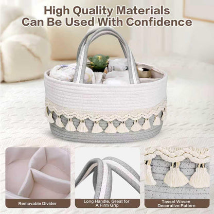 Diaper Caddy Organizer, Stylish Nursery Storage Basket, Baby Shower Basket with Tassel Decorative Appearance, Portable Storage Basket Suitable for Family and Car Travel (Grey)