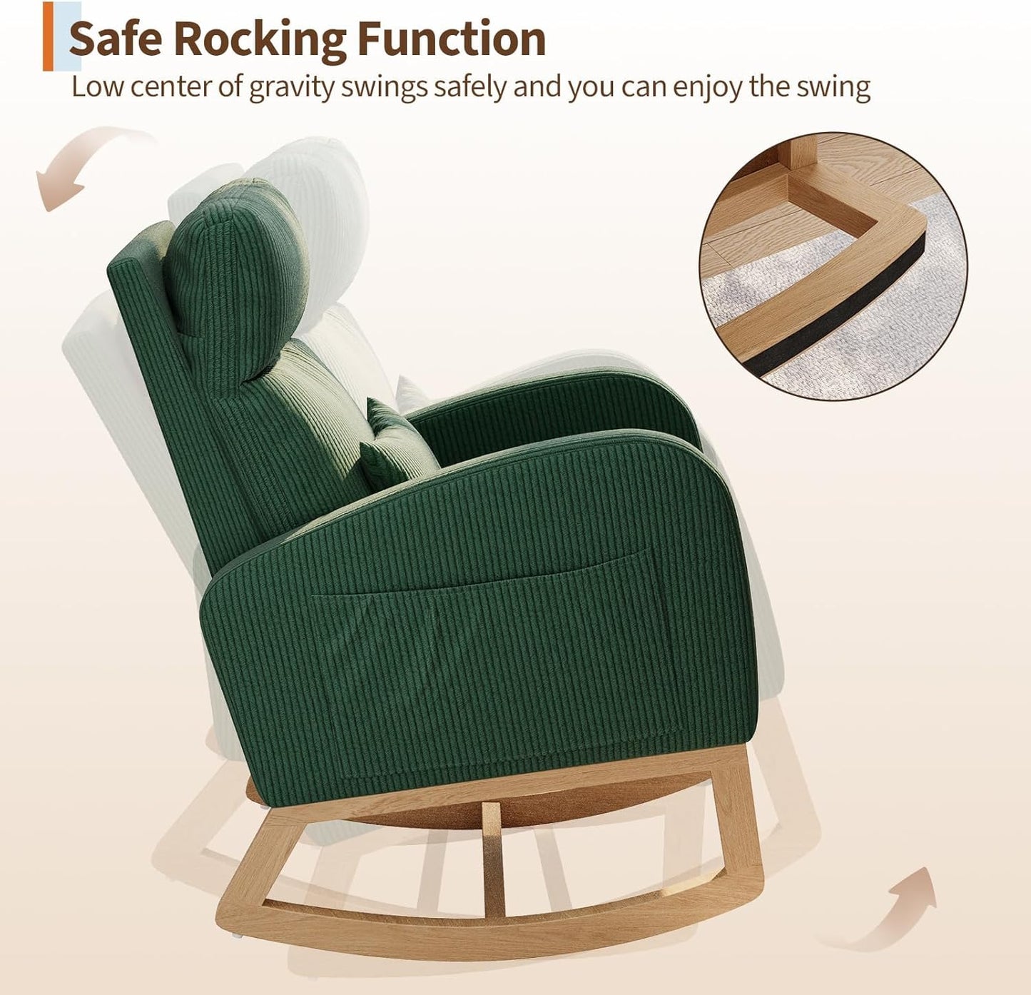 Modern Nursery Rocking Chair, Upholstered Glider Rocking Chair for Living Room, Comfortable Rocker Recliner with Side Pocket, Rocker Glider for Bedroom, Nursing Room