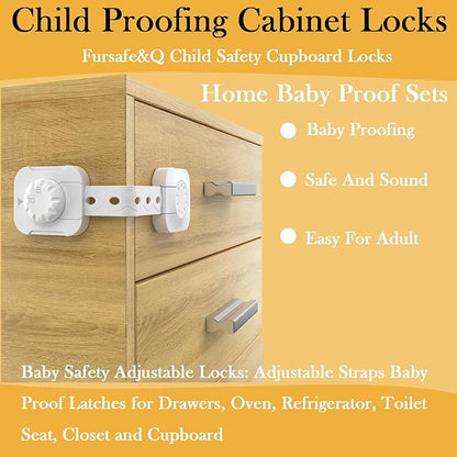 Fursafe&Q Child Safety Cabinet Proofing, Baby Cabinet Locks Adhesive Adjustable Child Safety Strap Locks Drawer Fridge Ovens Toilet Latches No Screws for Furniture Kitchen White 6Pack
